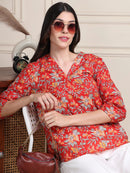 Red Floral Print Gathered Slip-on Pure Cotton Top
