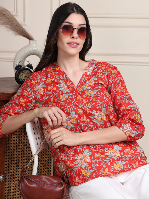 Red Floral Print Gathered Slip-on Pure Cotton Top