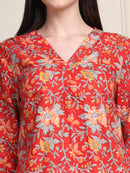 Red Floral Print Gathered Slip-on Pure Cotton Top