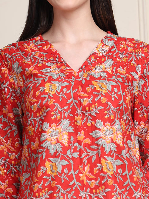 Red Floral Print Gathered Slip-on Pure Cotton Top