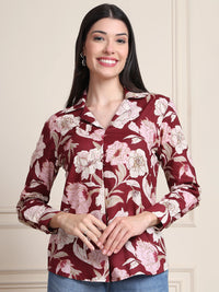 Maroon Floral Print Pure Cotton Shirt Top