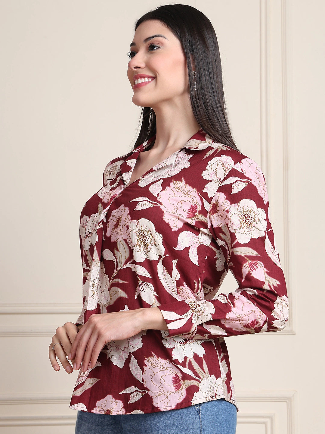 Maroon Floral Print Pure Cotton Shirt Top