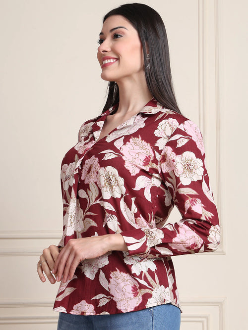Maroon Floral Print Pure Cotton Shirt Top