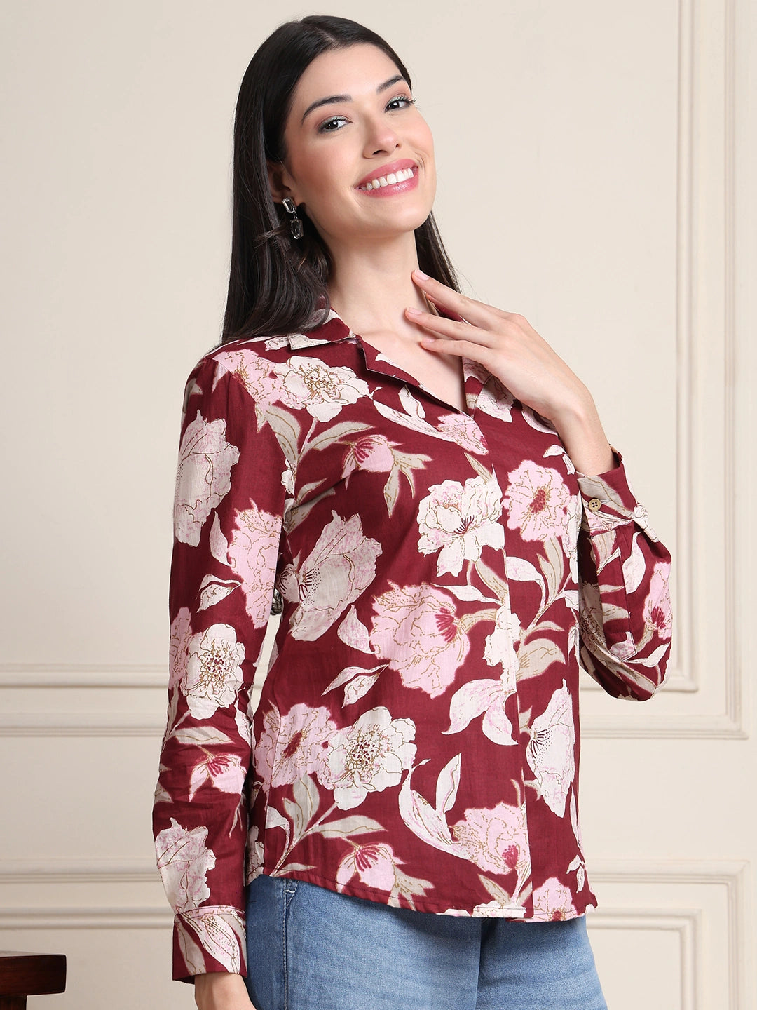 Maroon Floral Print Pure Cotton Shirt Top