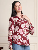 Maroon Floral Print Pure Cotton Shirt Top