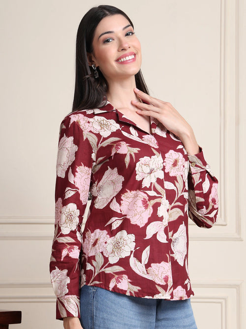 Maroon Floral Print Pure Cotton Shirt Top