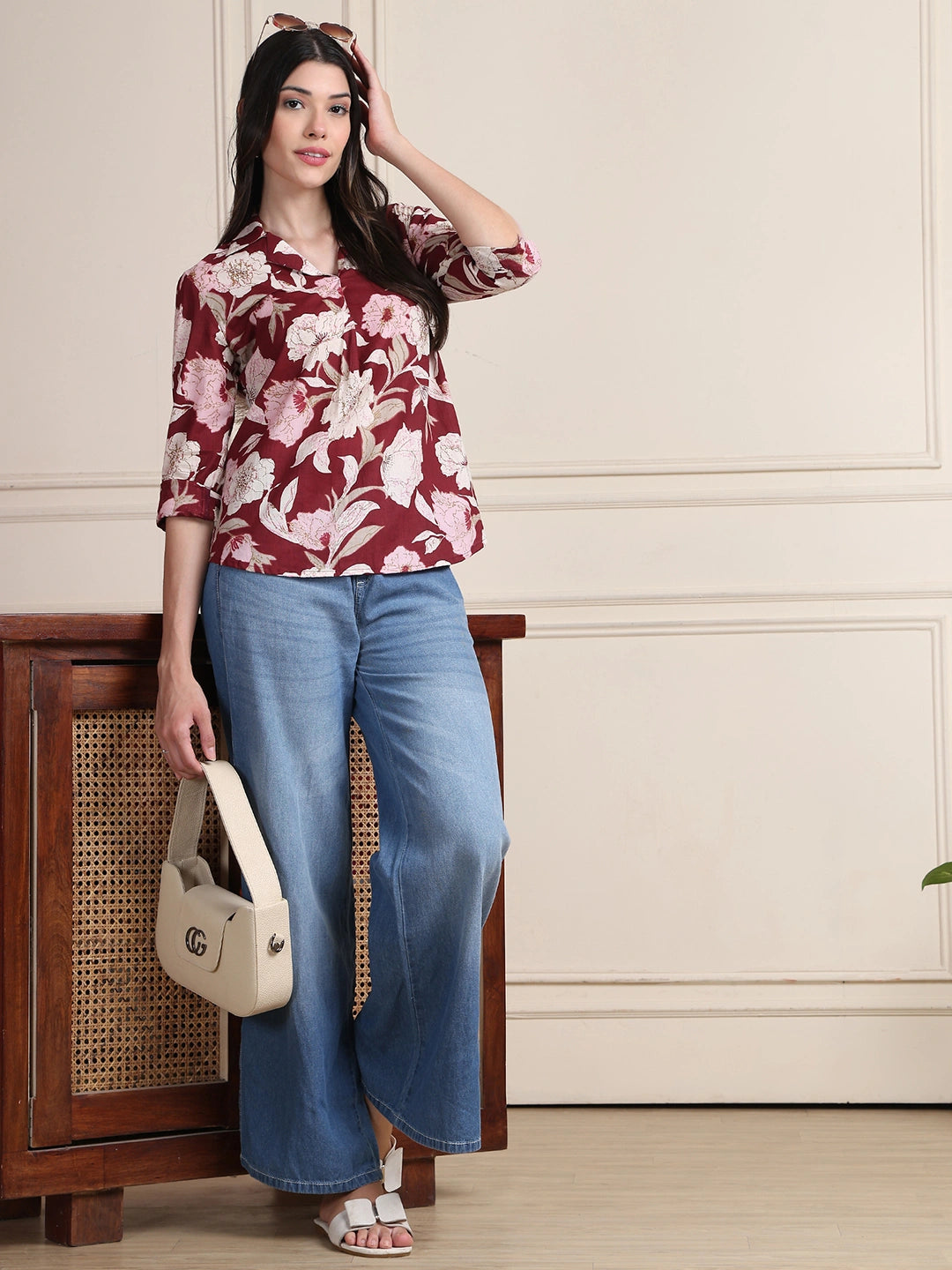 Maroon Floral Print Pure Cotton Shirt Top