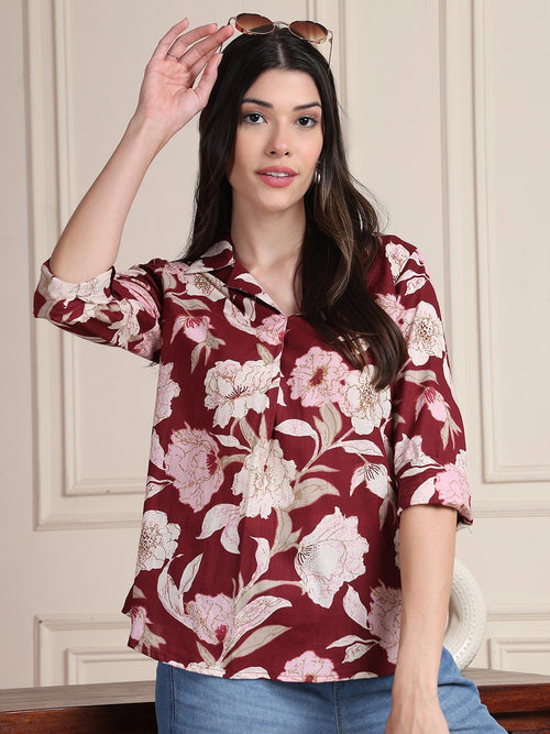 Maroon Floral Print Pure Cotton Shirt Top