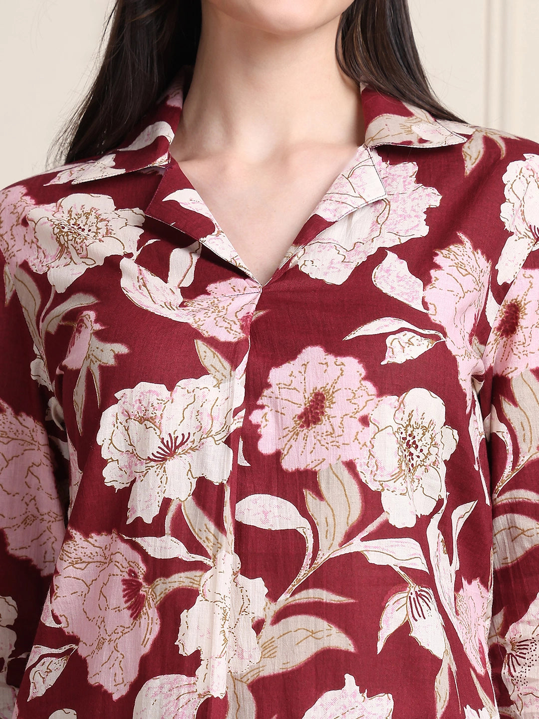Maroon Floral Print Pure Cotton Shirt Top