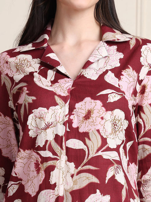 Maroon Floral Print Pure Cotton Shirt Top
