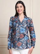 Steel Blue Floral Print Pure Cotton Shirt Top