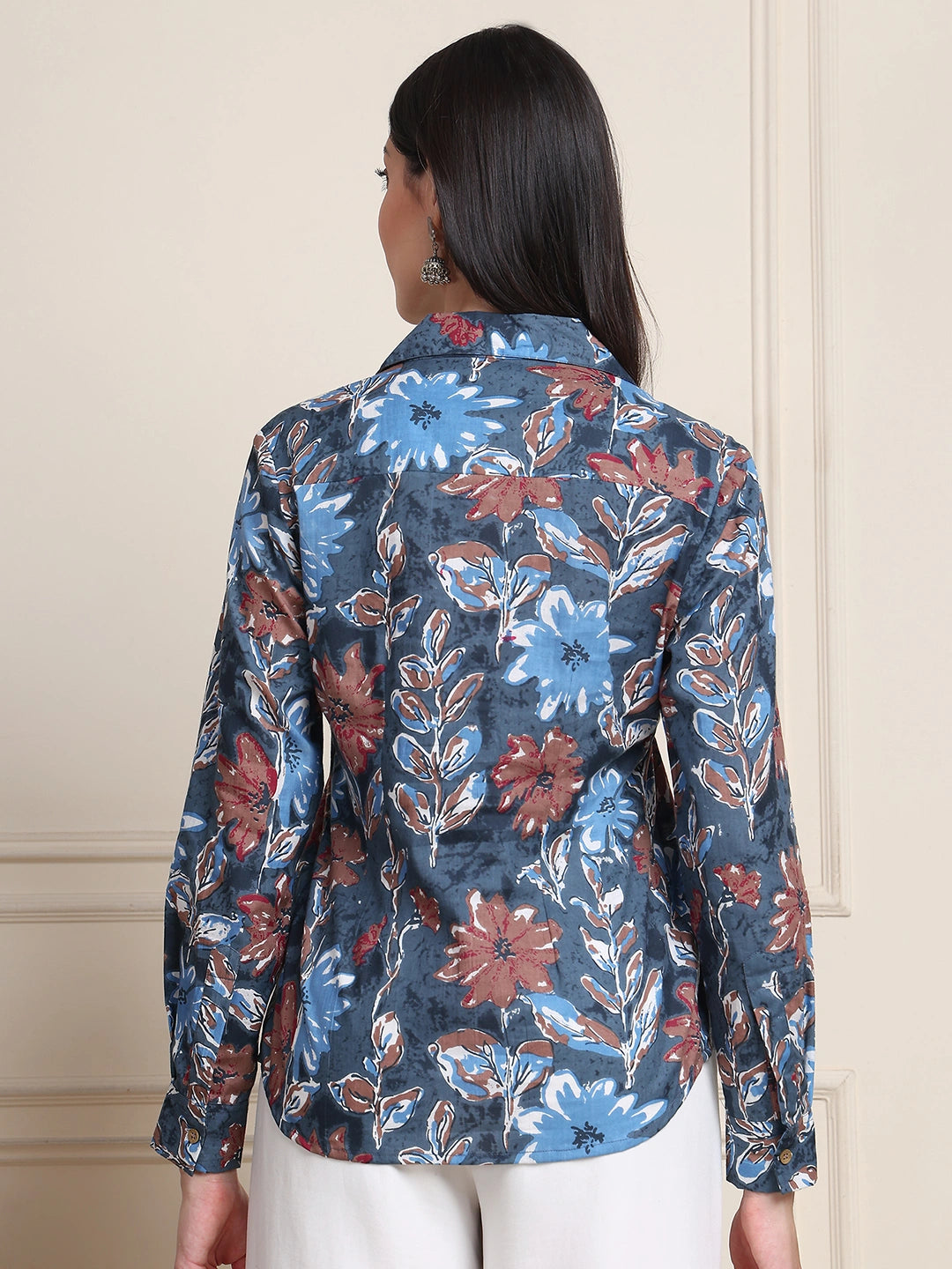 Steel Blue Floral Print Pure Cotton Shirt Top