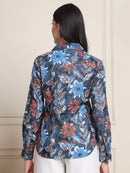 Steel Blue Floral Print Pure Cotton Shirt Top