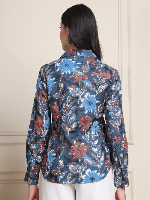 Steel Blue Floral Print Pure Cotton Shirt Top
