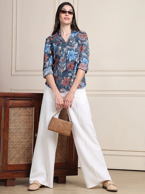 Steel Blue Floral Print Pure Cotton Shirt Top