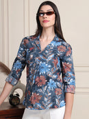 Steel Blue Floral Print Pure Cotton Shirt Top