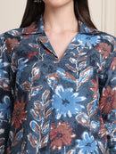 Steel Blue Floral Print Pure Cotton Shirt Top