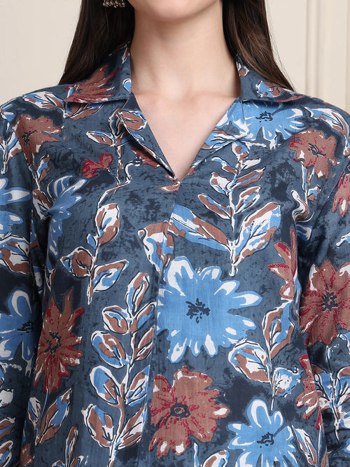 Steel Blue Floral Print Pure Cotton Shirt Top