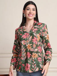 Olive Green Floral Print Pure Cotton Shirt Top