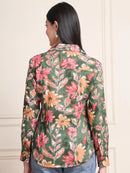 Olive Green Floral Print Pure Cotton Shirt Top