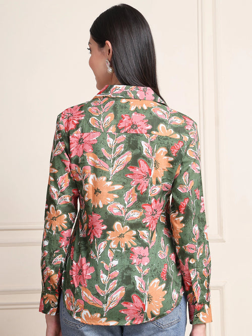 Olive Green Floral Print Pure Cotton Shirt Top