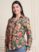 Olive Green Floral Print Pure Cotton Shirt Top