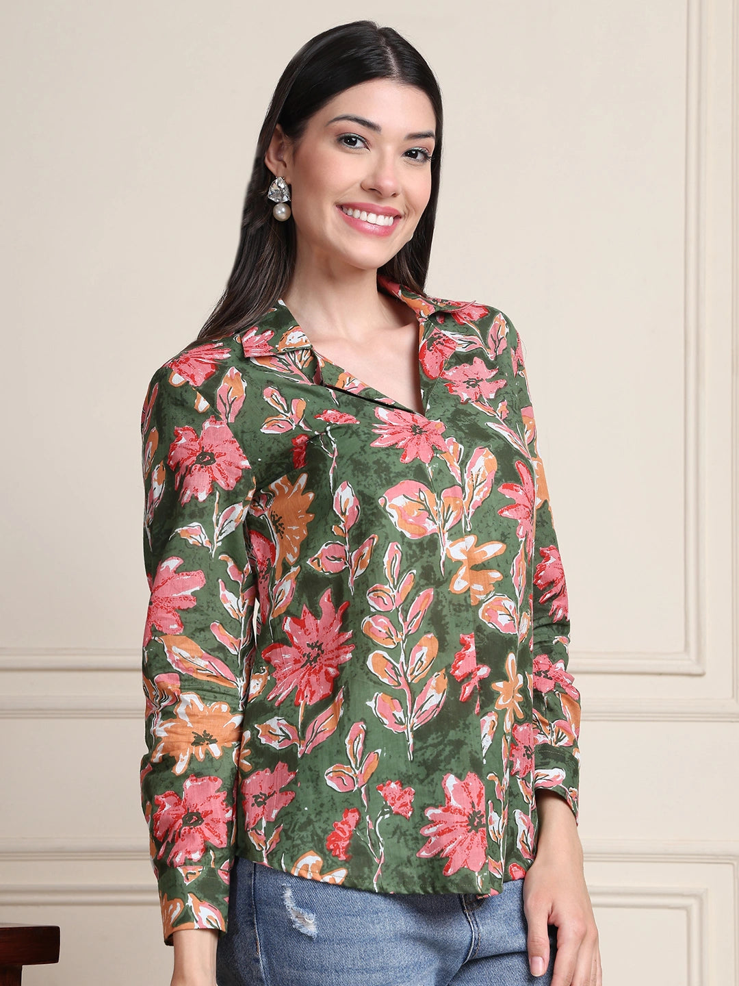Olive Green Floral Print Pure Cotton Shirt Top
