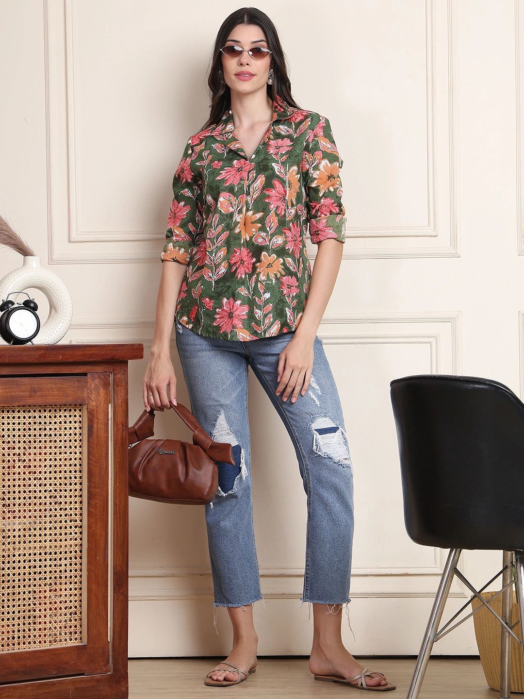 Olive Green Floral Print Pure Cotton Shirt Top