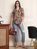 Olive Green Floral Print Pure Cotton Shirt Top