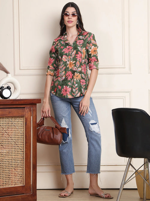 Olive Green Floral Print Pure Cotton Shirt Top