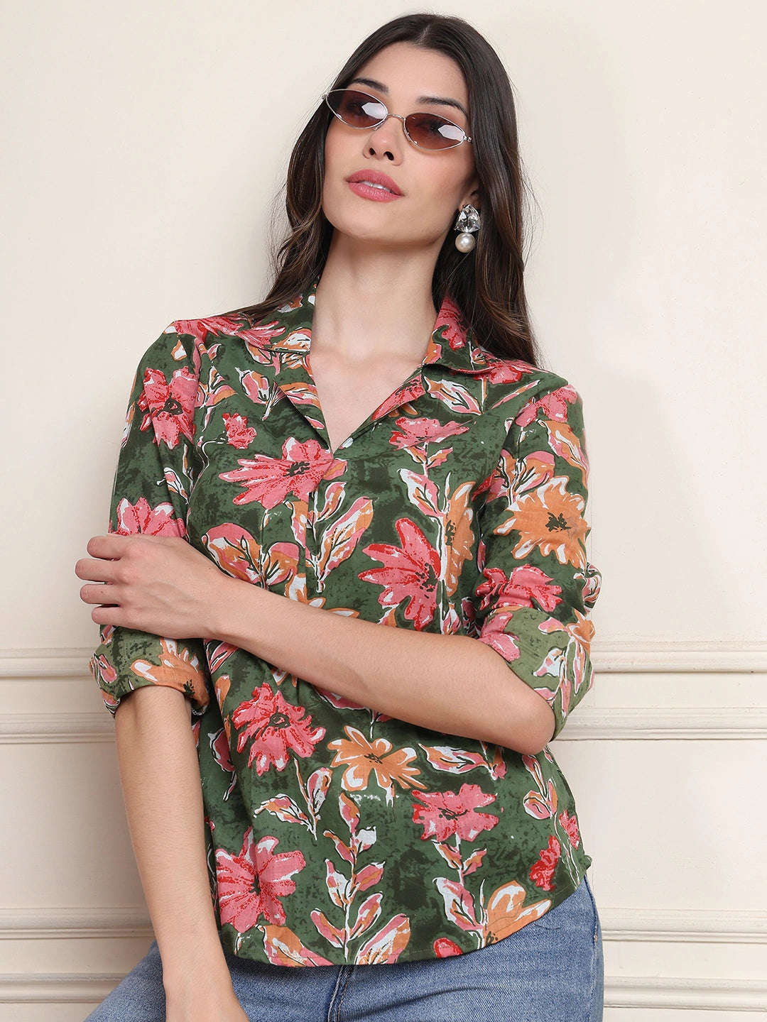 Olive Green Floral Print Pure Cotton Shirt Top