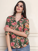 Olive Green Floral Print Pure Cotton Shirt Top