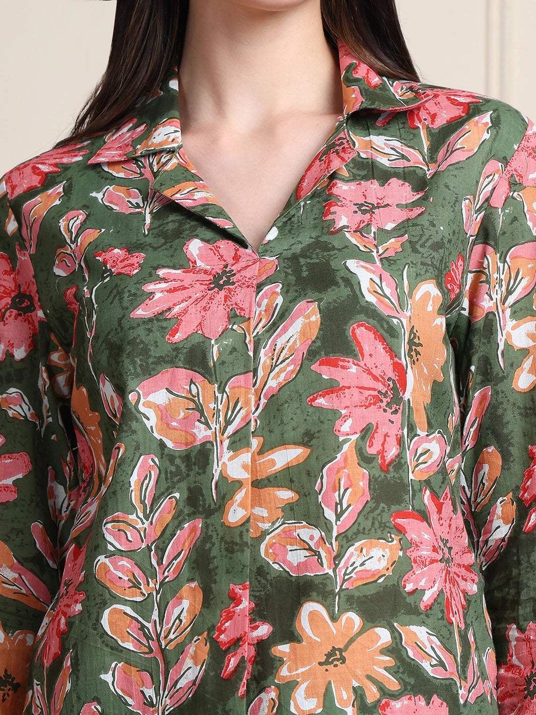 Olive Green Floral Print Pure Cotton Shirt Top
