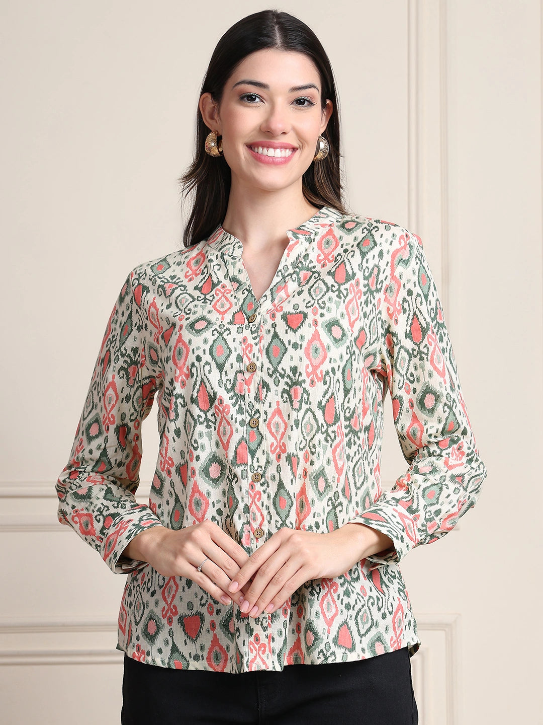 Off White Ikat Print Button-Down Pure Cotton Top