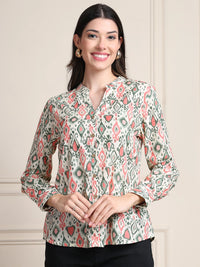 Off White Ikat Print Button-Down Pure Cotton Top
