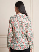Off White Ikat Print Button-Down Pure Cotton Top