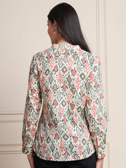Off White Ikat Print Button-Down Pure Cotton Top