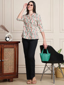 Off White Ikat Print Button-Down Pure Cotton Top