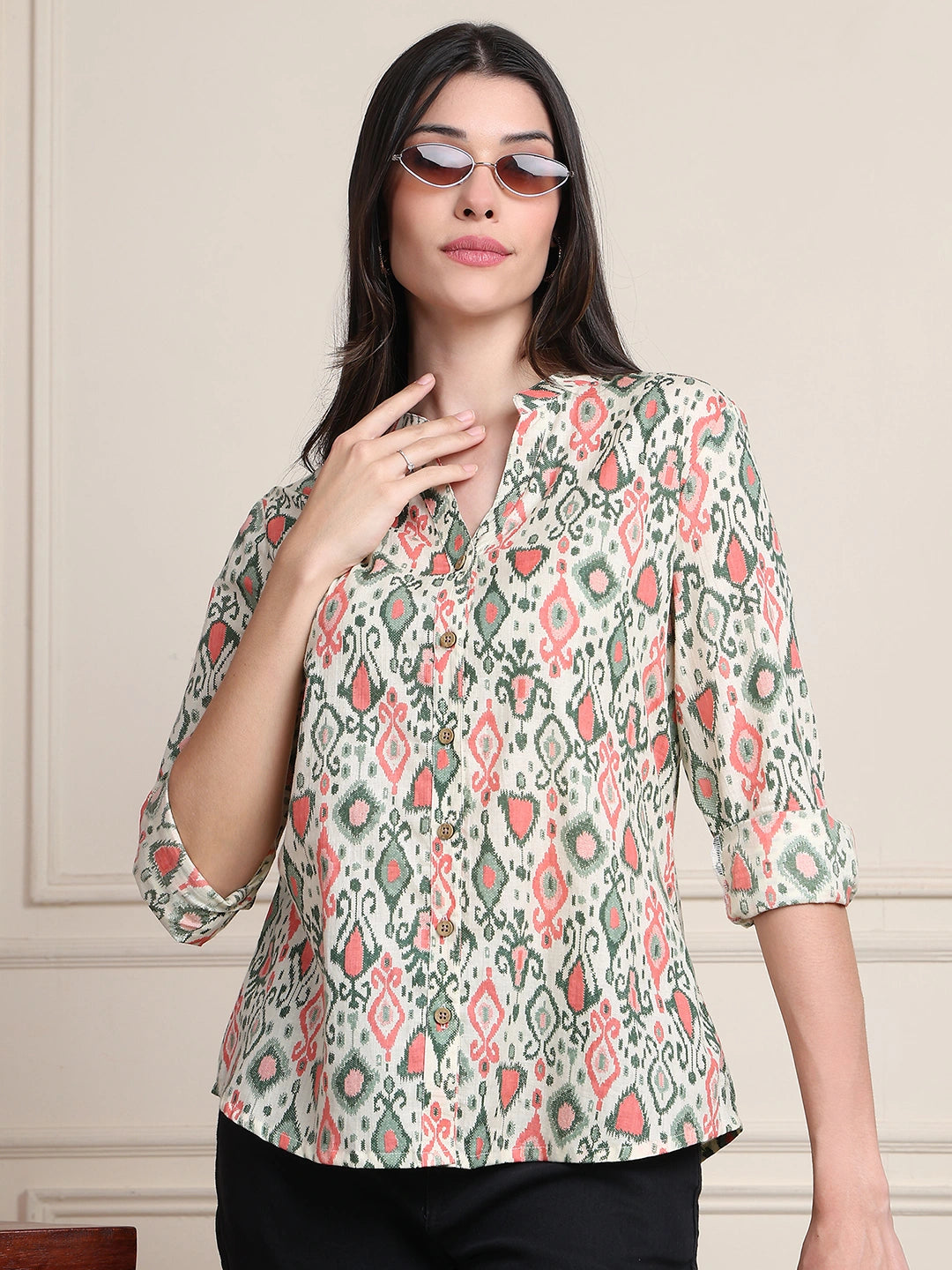 Off White Ikat Print Button-Down Pure Cotton Top