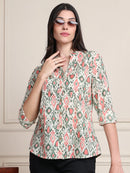Off White Ikat Print Button-Down Pure Cotton Top