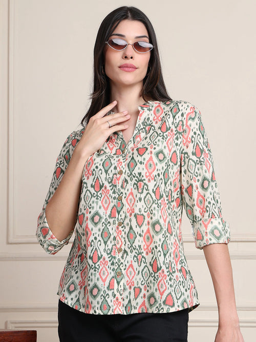 Off White Ikat Print Button-Down Pure Cotton Top