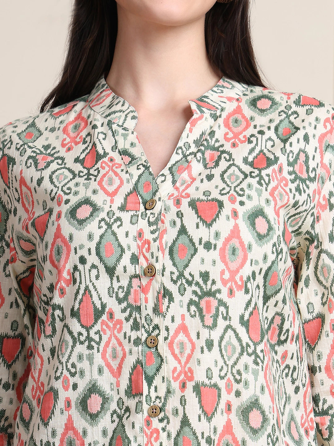 Off White Ikat Print Button-Down Pure Cotton Top