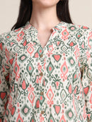 Off White Ikat Print Button-Down Pure Cotton Top