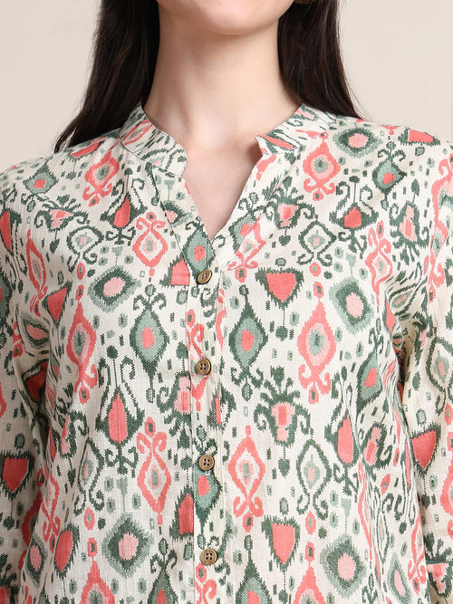 Off White Ikat Print Button-Down Pure Cotton Top