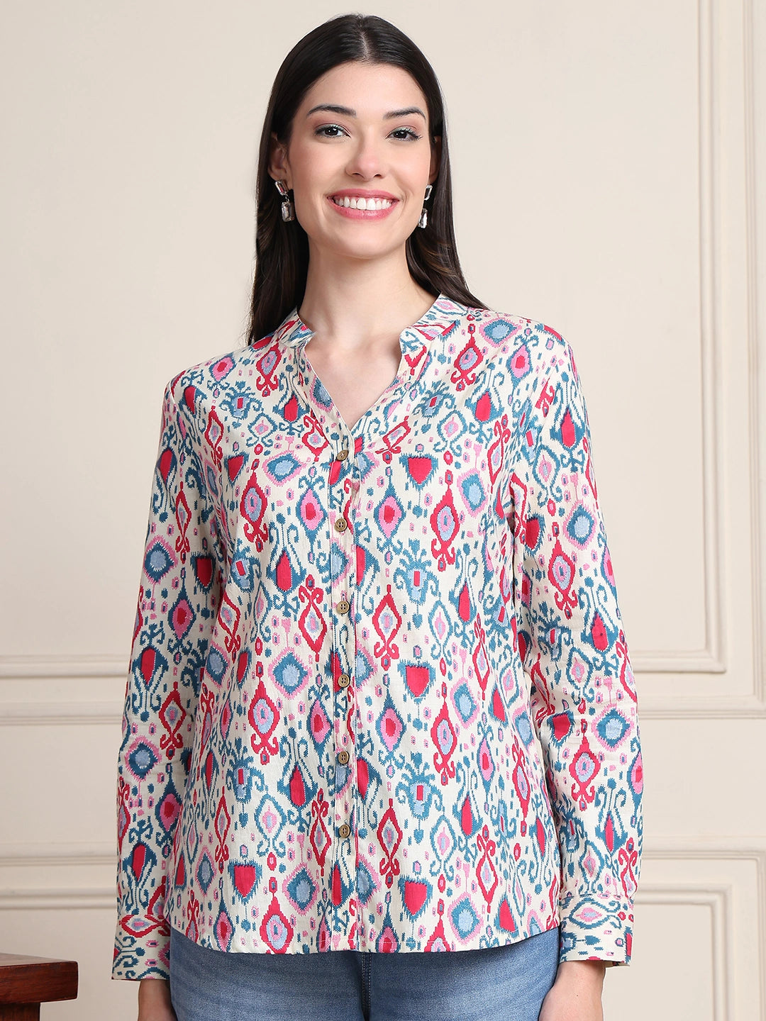 Pink & Blue Ikat Print Button-Down Pure Cotton Top