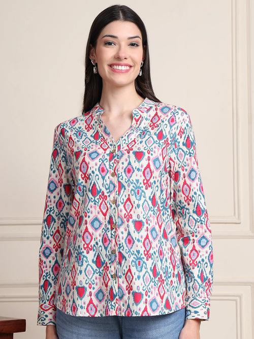 Pink & Blue Ikat Print Button-Down Pure Cotton Top