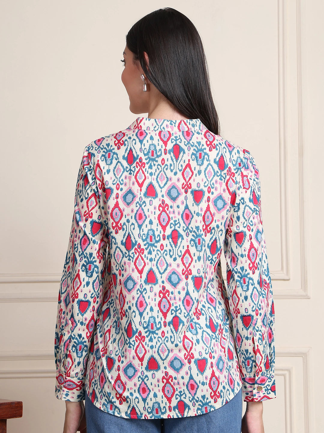 Pink & Blue Ikat Print Button-Down Pure Cotton Top