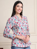 Pink & Blue Ikat Print Button-Down Pure Cotton Top