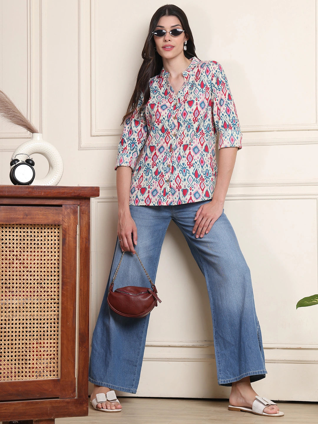 Pink & Blue Ikat Print Button-Down Pure Cotton Top