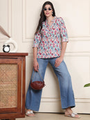 Pink & Blue Ikat Print Button-Down Pure Cotton Top